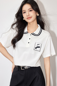 小熊猫刺绣短袖T恤女2024夏季新款学院风宽松显瘦polo领衬衫上衣