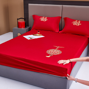 大红色结婚床笠三件套纯棉全棉床罩单件婚庆固定全包床垫套保护套