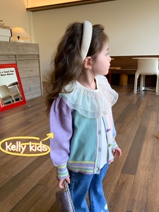 Kelly2024春女童韩版拼色针织衫女宝马卡龙色毛衣开衫蕾丝牛仔裤