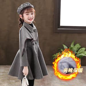 韩国女童冬装新款中长款夹棉大衣时尚中大童洋气毛呢红色外套风衣