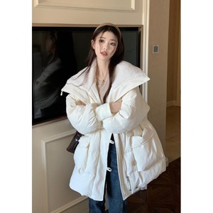 大码羽绒棉衣棉袄女冬季韩系穿搭棉服小个子羊羔毛翻领中长款外套