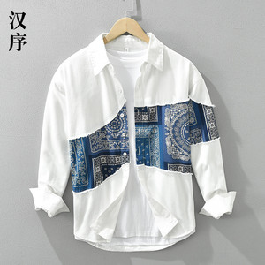 春夏季日系民族花纹拼接设计长袖衬衫男休闲纯棉高级感衬衣白色