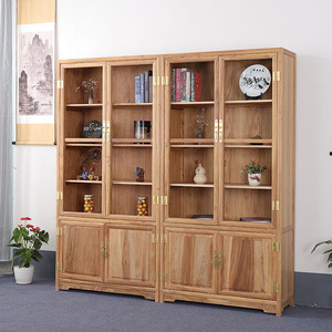 中式实木书柜带门老榆木书柜书橱全实木展示柜带玻璃落地书架定制