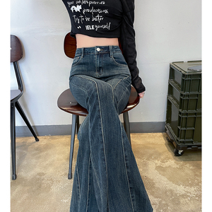 喇叭裤女2024年春秋装新款高腰修身显瘦弹力水泥灰微喇拖地牛仔裤