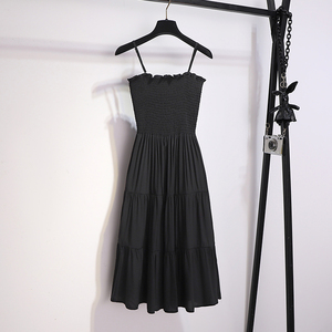黑色吊带连衣裙2024新款女夏季小个子抹胸裙收腰蛋糕裙气质小黑裙