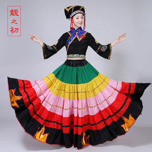 彝族服装女儿童土家族舞蹈服民族风七月火把节舞蹈大摆裙演出服