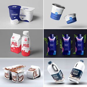 牛奶桶装酸奶乳制品包装盒玻璃瓶效果图展示样机PSD设计素材模板