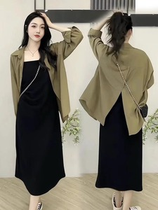 两件套女2023夏季新款韩版欧根纱长袖防晒衬衣+吊带连衣裙女套装