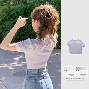 后背翅膀紫色冰丝针织短袖T恤女夏季薄款法式甜美漂亮小香风上衣