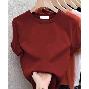 酒红色短袖T恤女春秋新款内搭加厚磨毛打底衫显瘦洋气时尚上衣