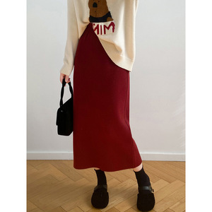 红色针织半身裙女秋冬新款高腰垂感直筒裙松紧腰显瘦中长款毛线裙