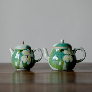 冰片釉纯手绘夏荷陶瓷茶壶单壶家用复古梨形壶功夫冲泡茶水壶茶具