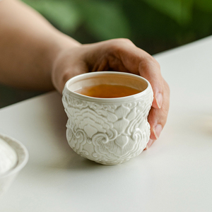 拓土草木灰雕花三足葫芦杯主人杯家用创意陶瓷茶杯大容量品茗杯子
