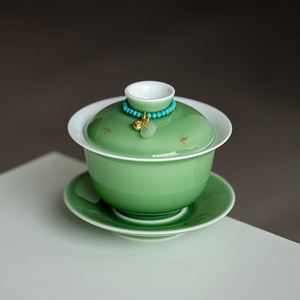 拓土事事如意祖母绿三才盖碗茶杯单个家用陶瓷泡茶茶碗带盖不烫手