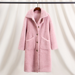 藕粉色泰迪羊羔毛毛呢大衣女中长款羊剪绒呢子外套开衫加厚茧型