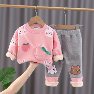 女宝宝加绒草莓桃子包包卫衣套装婴幼儿时尚百搭可爱打底裤俩件套
