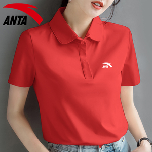 安踏polo短袖女士T恤衫红色显白舒适有领运动夏季时尚羽毛球服女