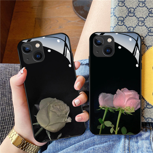个性白玫瑰适用苹果13钢化玻璃手机壳iphone12promax防摔13pro女11硅胶软边xr新款xsmax全包7/8plus保护套