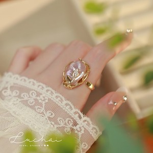 天然异形巴洛克紫珍珠戒指女小众设计时尚个性独特开口树叶手饰