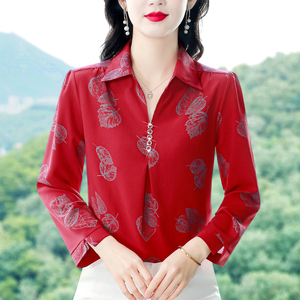 棉麻衬衫女士长袖2024夏季新款中年妈妈红色衬衣大码宽松亚麻上衣