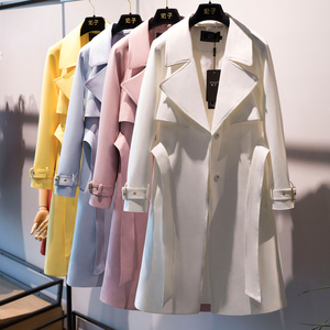 韩国白色风衣女中长款秋季新款韩版英伦风气质西装领系带收腰外套