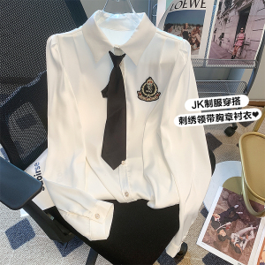 学院风重工胸章白色长袖衬衫女设计感jk制服配领带上衣2024早春款