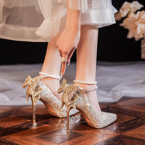 防水台法式婚纱水晶亮片成人礼一字珍珠链条蝴蝶结细跟高跟鞋婚鞋
