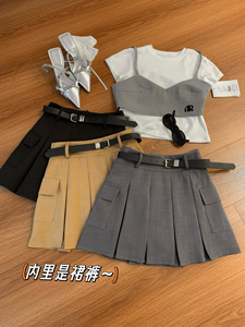 包邮@【黑色星期三】美式学院口袋设计感西装百褶短裙～送皮带
