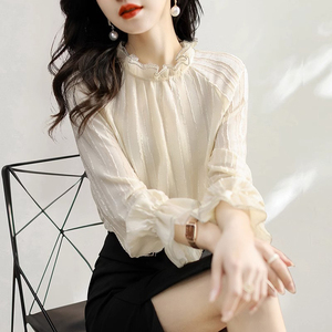 时尚高级感2024年新款秋季女装法式设计韩版长袖雪纺蕾丝衬衫上衣