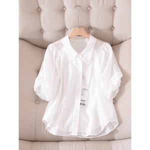欧货高档2024新款设计感小众时尚气质轻熟优雅泡泡袖白色衬衫上衣
