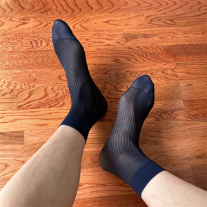 5双男士丝袜中筒夏季薄商务绅士短筒锦纶性感条纹正装黑色皮鞋袜