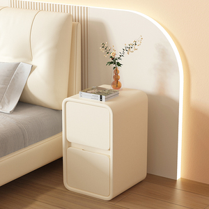 奶油风床头柜简约现代实木皮质床边柜小型超窄20cm极简迷你收纳柜