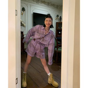 紫色格子套装女法式时尚洋气长袖衬衫阔腿短裤慵懒风两件套夏季