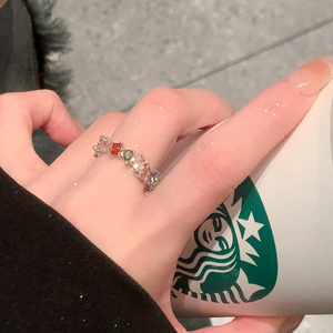 梦幻彩虹锆石戒指女小众设计欧泊素圈戒指女时尚个性开口食指指环