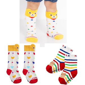 miki妈彩条星星熊头长筒袜2023年春夏季男女儿童精梳棉宝宝童袜子