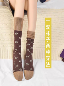 古琦3双长袜子女韩国网红字母纯棉酷奇中筒复古长筒袜秋冬堆堆袜