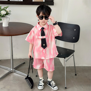 男童夏装韩版衬衫短袖2024夏季新款宝宝学院风衣服儿童套装洋气潮