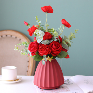 仿真花艺婚庆家居摆设客厅餐桌装饰品红色洋牡丹玫瑰花束花瓶套装