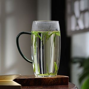 耐热玻璃绿茶杯简约透明高级泡茶杯家用办公室喝茶杯子花茶杯水杯