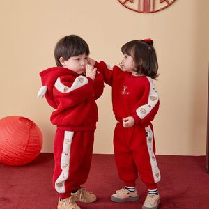 宝宝红色加厚卫衣婴儿中国风过年服套装冬男女小童加绒喜庆拜年服