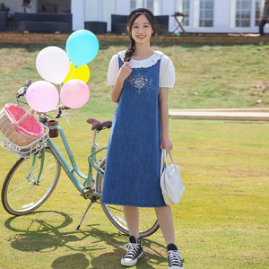 初中生牛仔连衣裙女套装学生夏装新款少女高中生背心裙套裙学院风