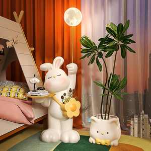 大白兔落地灯儿童房卧室奶油风床头柜一体客厅沙发边灯具卡通台灯