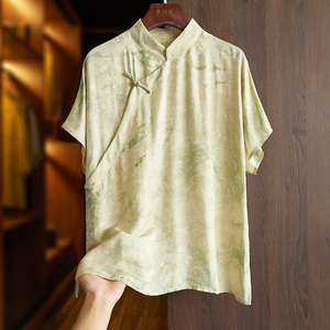 绿色高端重磅真丝衬衫女短袖t恤夏季复古印花盘扣新中式国风上衣