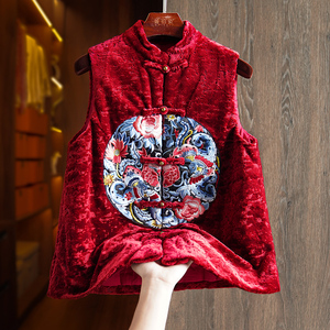 红色重工国潮风刺绣新中式马甲棉服女款高级感金丝绒夹棉唐装外套