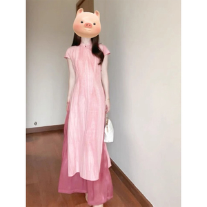 国风复古粉色连衣裙子洋气质盘扣旗袍改良新中式长裙两件套装女夏