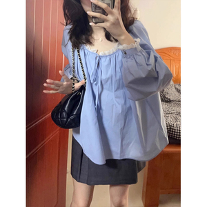 日系甜美蓝色蕾丝花边长袖衬衫女夏季学院风小个子宽松娃娃衫上衣