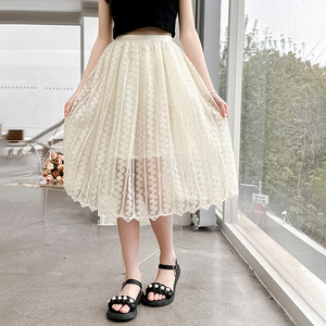 女童半身裙夏季新款2024中大童时髦洋气网纱裙白色裙儿童蕾丝短裙
