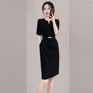 轻奢高级感黑色短袖连衣裙法式高端气质女装职业通勤精致干练裙子