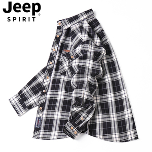 Jeep吉普纯棉格子衬衫设计感高级男士双口袋休闲长袖黑色衬衣春秋