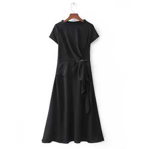 修身裙子2022西格圣迪奥女装夏新款黑色褶皱气质高腰连衣裙潮显瘦